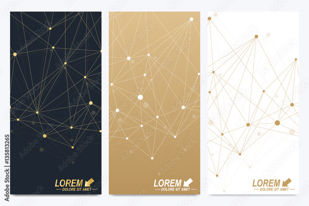 Poster Modern set of vector flyers. Geometric abstract presentation. Molecule and communication background for medicine, science, technology, chemistry. Golden cybernetic dots. Lines plexus. Card surface.