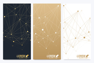 Modern set of vector flyers. Geometric abstract presentation. Molecule and communication background for medicine, science, technology, chemistry. Golden cybernetic dots. Lines plexus. Card surface.