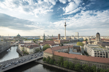 View over Berlin Skyline (TV Tower, Alexanderplatz, Town Hall, River Spree and Berlin Cathedral),...