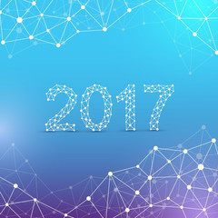 Text design Christmas and Happy new year 2017. Graphic background molecule and communication. Connected lines with dots. Lines plexus. Scientific cybernetic vector illustration.