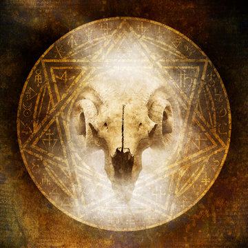 Demon Ritual with a satanic goat-horned ram skull materialising within an elaborate circular emblem of mysterious and arcane occult symbolism.