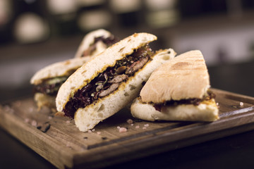 Close up of delicious sandwiches.  Beautifully served meal at the restaurant.