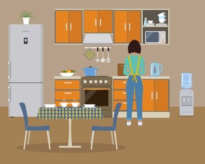 Kitchen in an orange color. There is a woman at the stove preparing food. There is a refrigerator, a kitchen furniture, a water cooler, a table, two chairs in the picture. Vector flat illustration