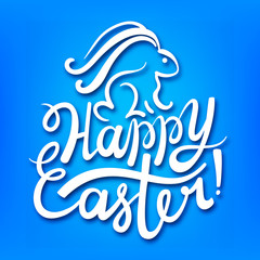 Vector hand drawn lettering with bunny happy easter greeting card cut out white applique shadow