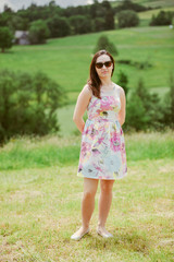 Fototapeta premium Brunette girl enjoying journey in mountains.