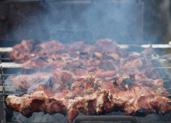 Cooking kebabs on the coals in the winter