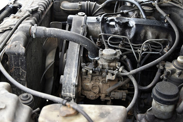 The old diesel engine, engine is turned off.