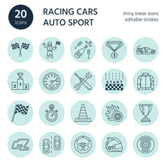 Car racing vector line icons. Speed auto championship signs - track, automobile, racer, helmet, checkers flags, steering wheel. Linear pictogram set with editable stroke for sport event, fan store.