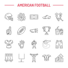 Vector line icons of american football game. Elements - ball, field, player, helmet, bullhorn. Linear signs set, football championship pictogram with editable stroke for sport event, fan store © nadiinko