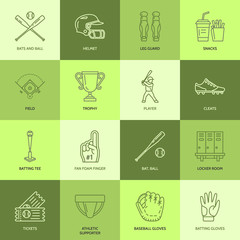 Baseball, softball sport game vector line icons. Ball, bat, field, helmet, pitching machine, catcher mask. Linear signs set, championship pictograms with editable stroke for event, equipment store.