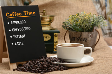 Coffee Time sign with beans and crusher