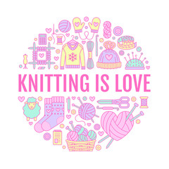 Knitting, crochet, hand made banner illustration. Vector line icon knitting needle, hook, scarf, socks, pattern, wool skeins and other DIY equipment. Yarn or tailor store template with place for text.