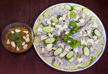 raw shrimp and spicy sauce, seafood thailand (spicy salad shrimp in fish sauce).
