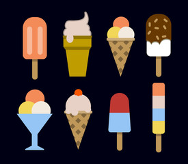Set of ice creams and popsicles. isolated on black vector illustrations