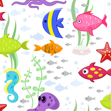 Cartoon fishes vector seamless pattern