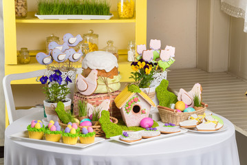 easter  cupcakes sweet rabbit eggs and flowers still life
