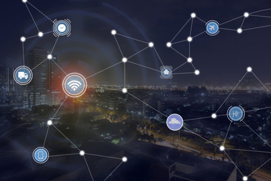 iot ,internet of things, smart city concept and wireless mesh communication network with a night city background