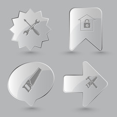 4 images: screwdriver and spanner, bank, saw, hand saw and hamme