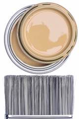 Paintbrush and Can Lid with Creme Color Paint Isolated on White Background, Top View