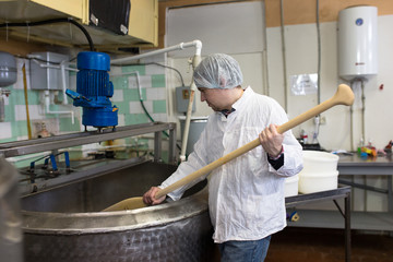 production of cheese in dairy, worker cheese mixes - obrazy, fototapety, plakaty