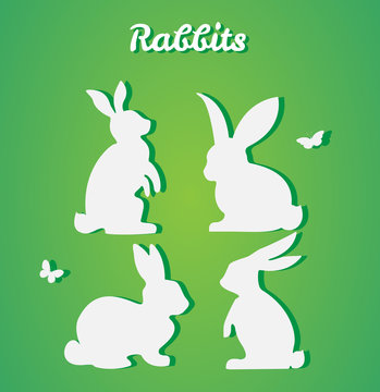Set of Easter rabbits. Vector silhouette. Paper art and craft st