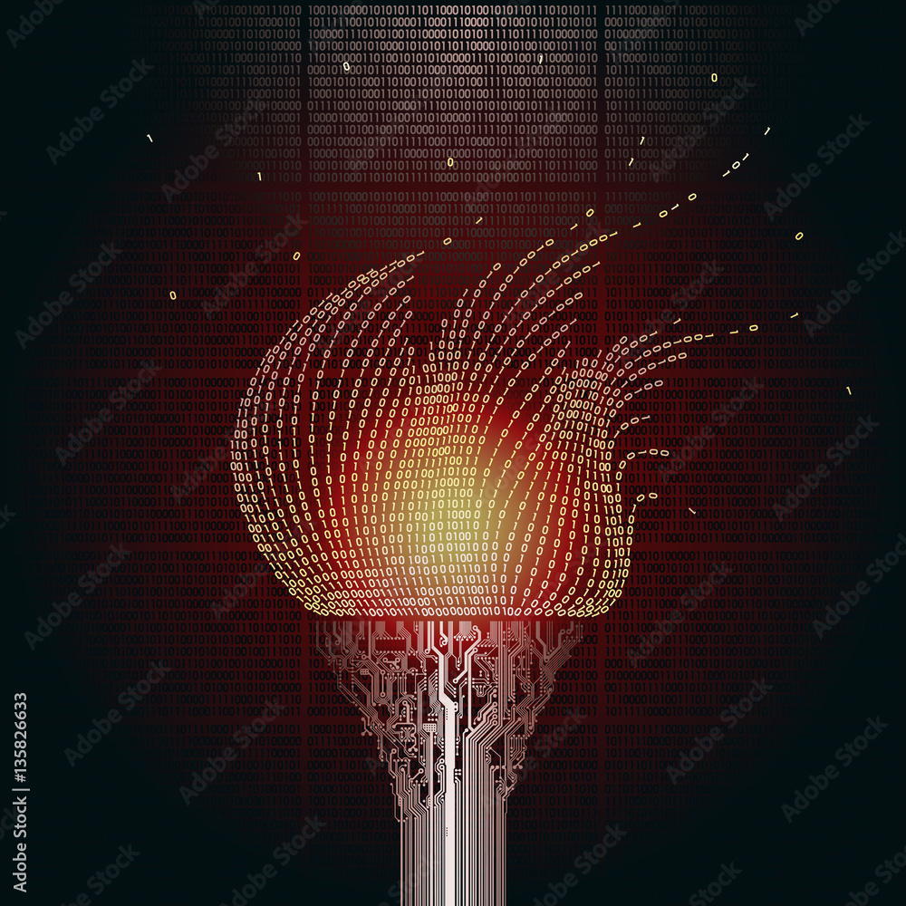 Poster a burning torch, consists of a printed copper circuit boards, the flame from the binary code. the ar