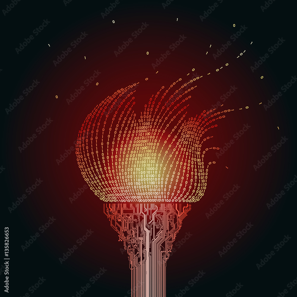 Poster a burning red torch, consists of printed circuit boards, the flame from the binary code. artifact fr