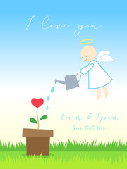 Love card or poster with angel or cupid watering love tree