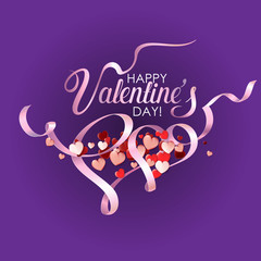 Happy Valentines day vector card. Heart with pink ribbon. Vector illustration