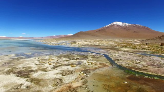 Aerial view of Termas de Polques, mountain peak with snow, Atacama desert, Chile
