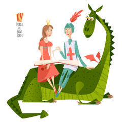 Princess and knight read a book sitting on a back of a dragon. Diada de Sant Jordi (the Saint George’s Day). Traditional festival in Catalonia, Spain. 
