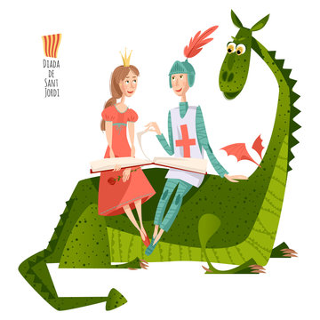 Princess and knight read a book sitting on a back of a dragon. Diada de Sant Jordi (the Saint George&rsquo;s Day). Traditional festival in Catalonia, Spain. 