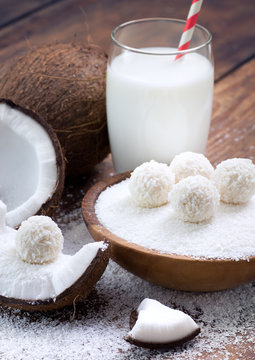 Coconut sweets and fresh coconut..