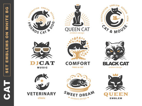 Set logo illustration with cat, emblem design on white background