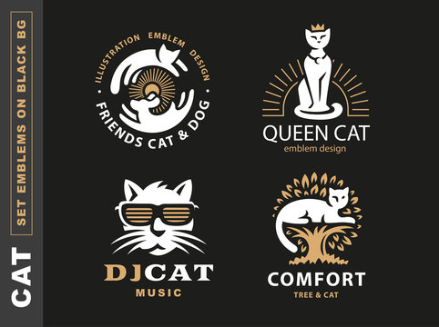 Set logo illustration with cats, emblem design on black background