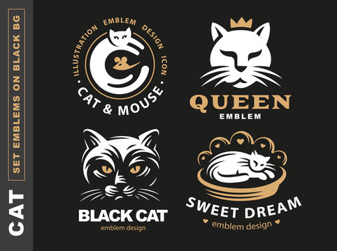 Set logo illustration cat, emblem design on black background