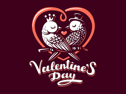 Happy Valentine Day Lettering with birds logo, vector illustration, emblem design on dark background