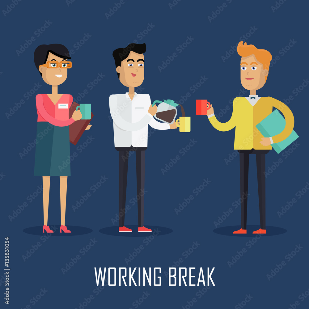 Poster working break concept vector in flat design