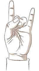 Rock and Roll Hand Gesture, retro. Vector illustration of a hand making the symbol of rock and roll. Retro look illustration with a rough texture.