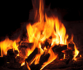 bright flame and fire from burning woods