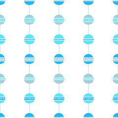 Seamless vector pattern. Blue vertical lines with circles and zigzags on white background. Hand drawn abstract ball illustration
