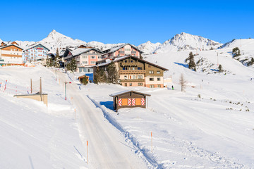 Guesthouses and hotels in Obertauern mountain village in winter season, Austria