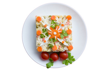 Salad of boiled chicken with boiled carrots, potatoes, egg and cucumber top view