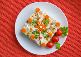  Salad of boiled chicken with boiled carrots, potatoes, egg and cucumber top view