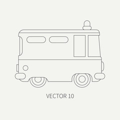 Line flat plain vector icon police truck. Special purpose assistance vehicle. Cartoon style. Maintenance. Rescue, security. Police department. Siren van. Law. Illustration and element for your design.