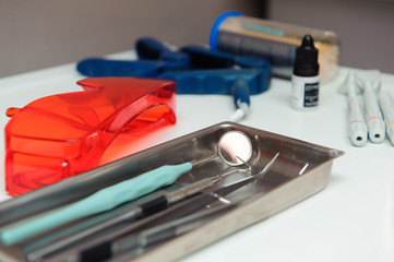 Dental tools on the table at dental office
