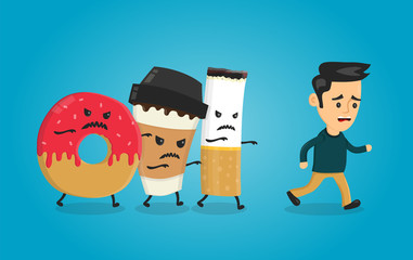 Angry donut, coffee paper cup and cigarette runs over man guy. Nightmare for health. Vector flat cartoon character isolated illustration. Healthcare concpet