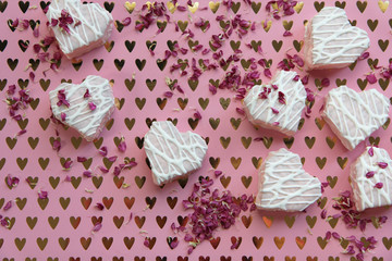 valentine's day decoration with heart cookies and flowers