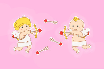 valentines day concept. vector flat cartoon angel character illustration. cupid girl and boy play, shoots a bow love heart arrow in sky. pink background