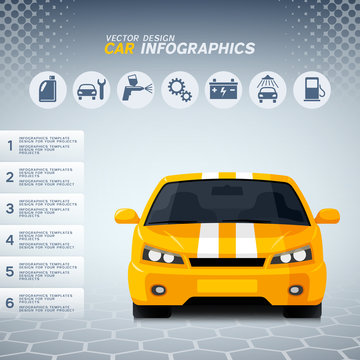 Automotive infographics design with generic yellow sports car and auto service icons